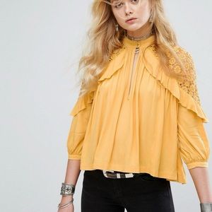 Free People Little Bit of Love yellow Crochet yoke top